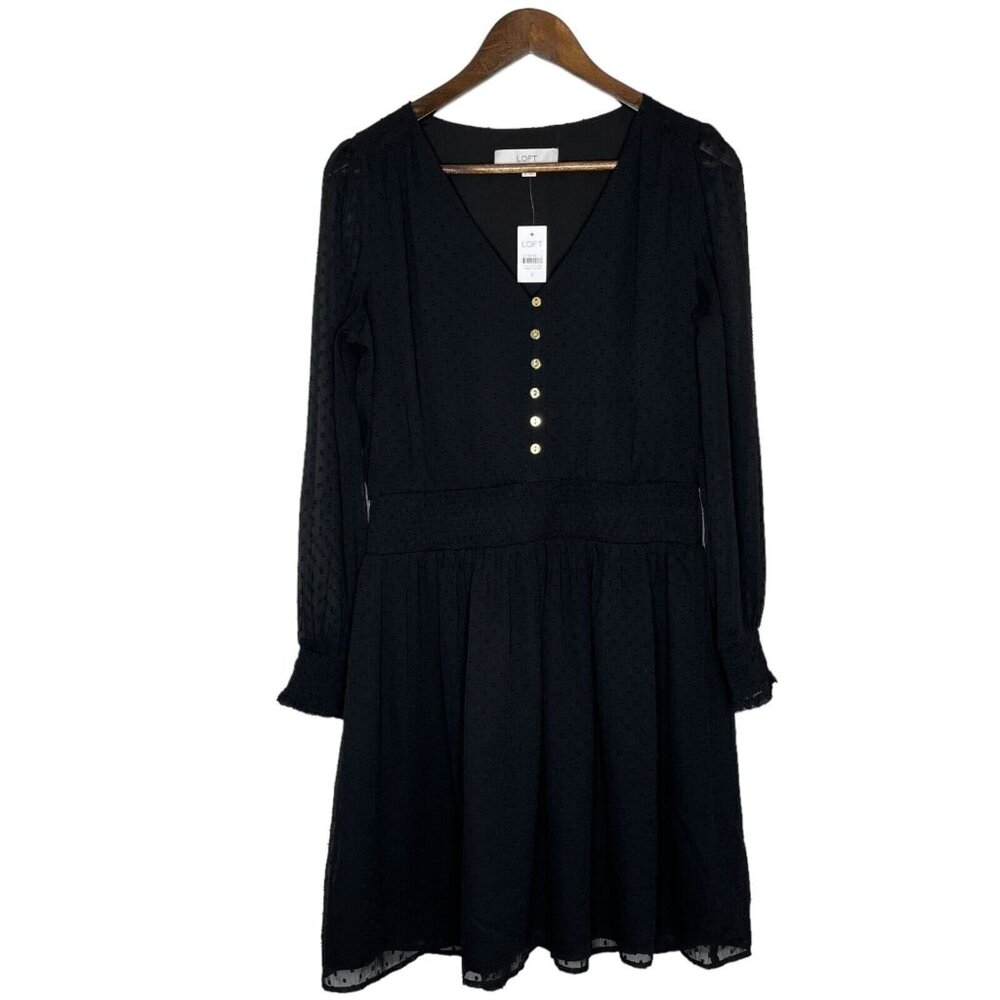 Loft NWT Women's Black Long Sleeve Smocked Button V-Neck Mini‎ Dress Size Small